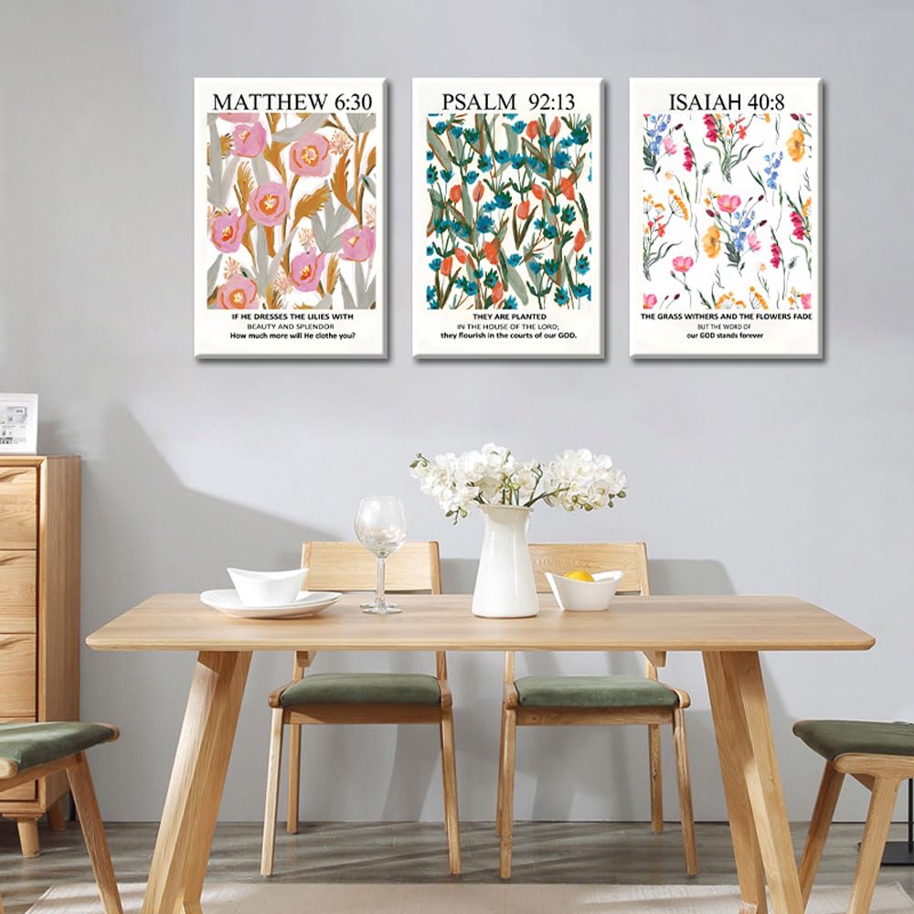 3Pcs Framed Bible Verse Wall Art, Christian Floral Scripture Posters Canvas Paintings Prints Wall Decor Pictures For Bedroom Liv